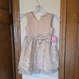 Rare Editions Blush Lace Party Dress with Bow Accent
